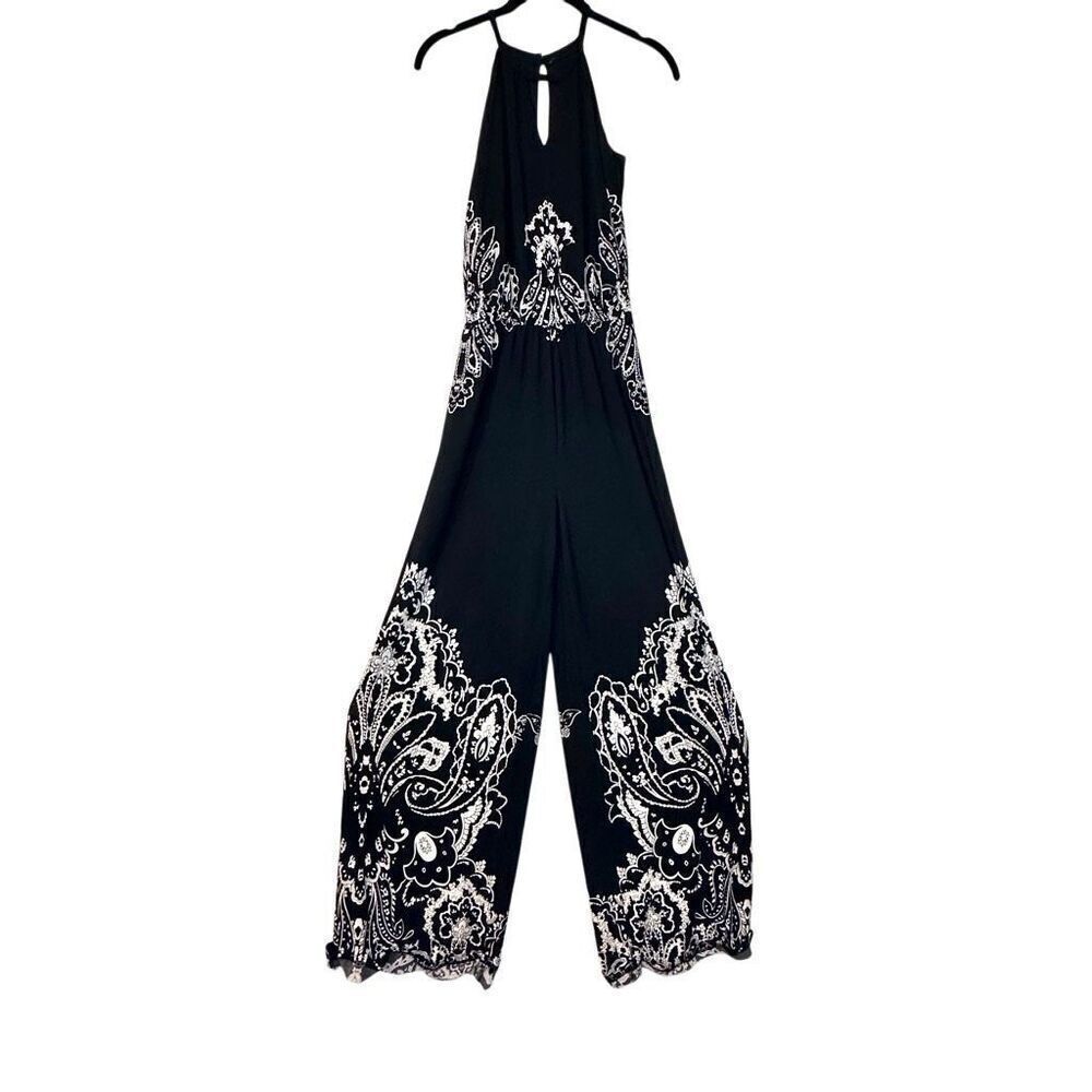 Soho Chic Keyhole Halter Paisley Sleeveless Black White Maxi Jumpsuit Size Small